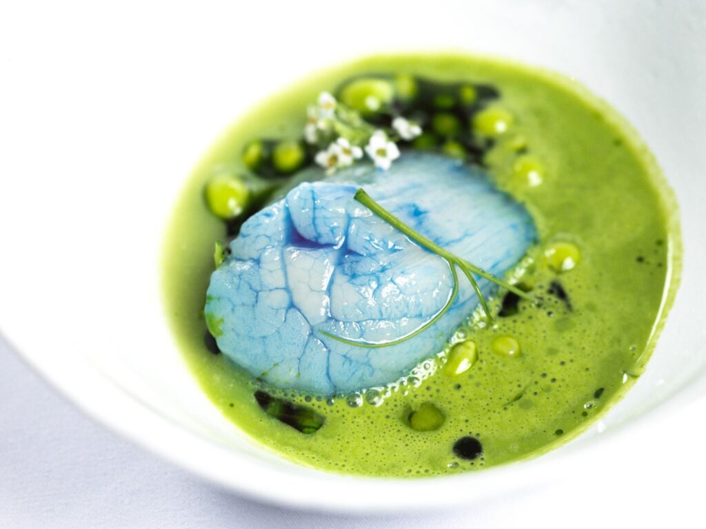 Saint-Jacques bleutée dans un velouté de petits pois, Table — Bruno Verjus