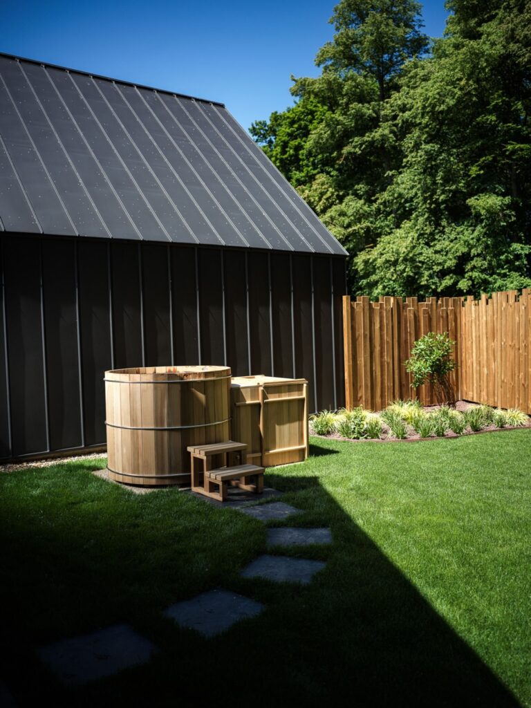 Jardin, bain nordique et lodge au toit sombre, Le Verbois