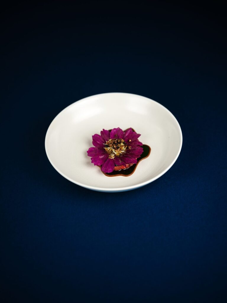Betterave en fleur dans une assiette blanche, Zostera