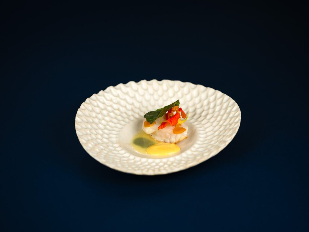 Langoustine et capucines dans une assiette texturée, Zostera
